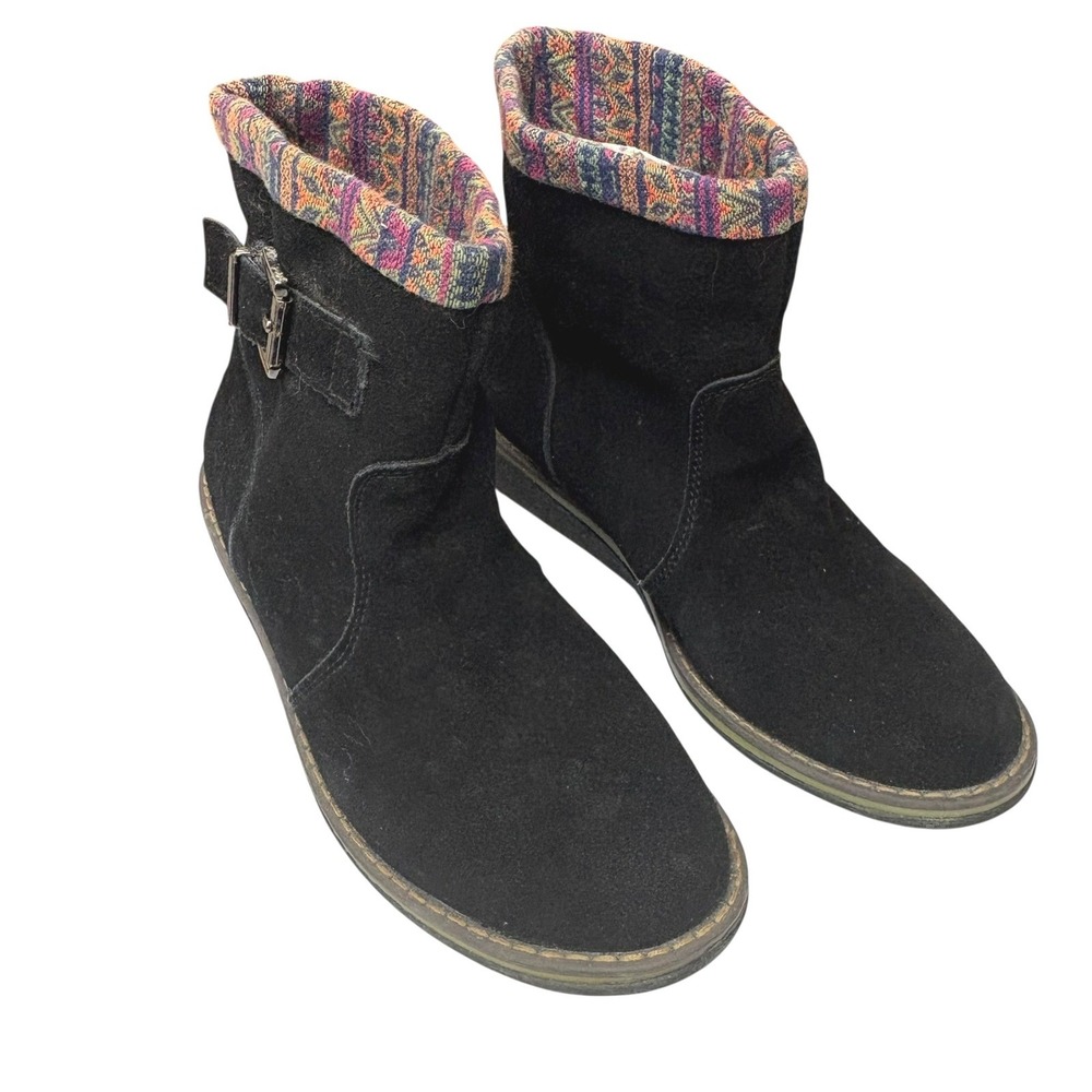Lamo‎ Women's Black Cow Suede Leather Boots Retro Boho Colorful Knit Buckle 8
